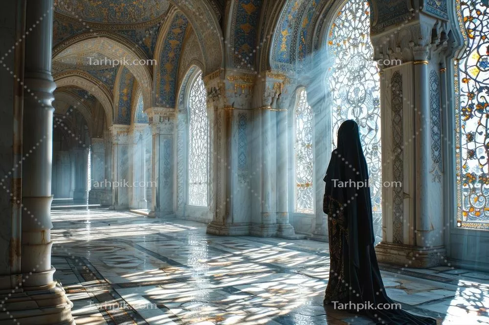 عکس زنی مسلمان با نقاب در فضای لوکس یک مسجد قدم می زند