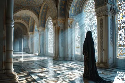 عکس زنی مسلمان با نقاب در فضای لوکس یک مسجد قدم می زند
