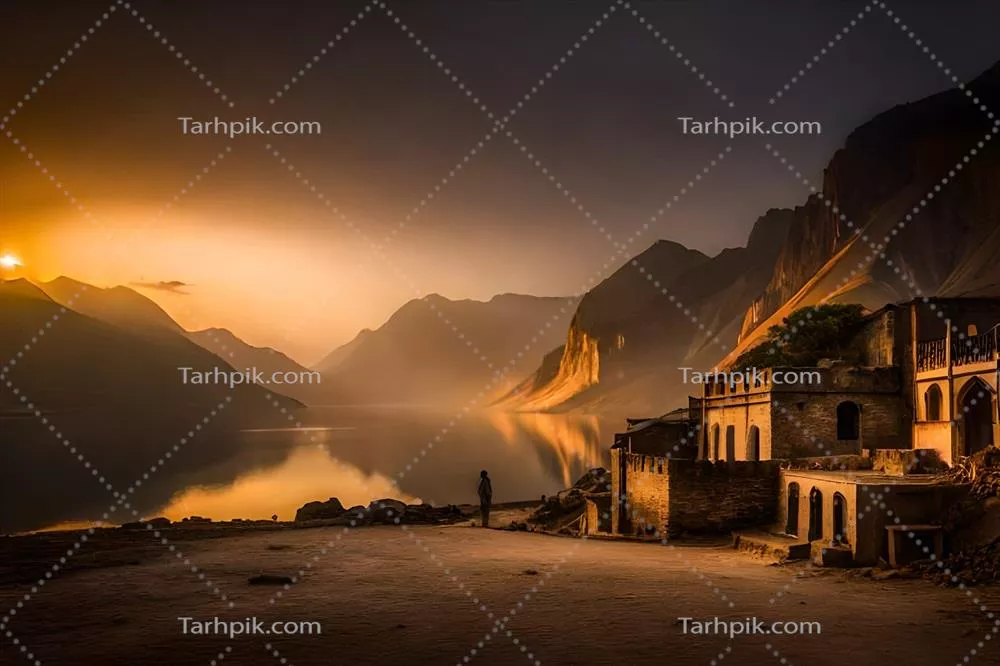 عکس مردی در مقابل ساختمانی در دل کوهستان ایستاده است