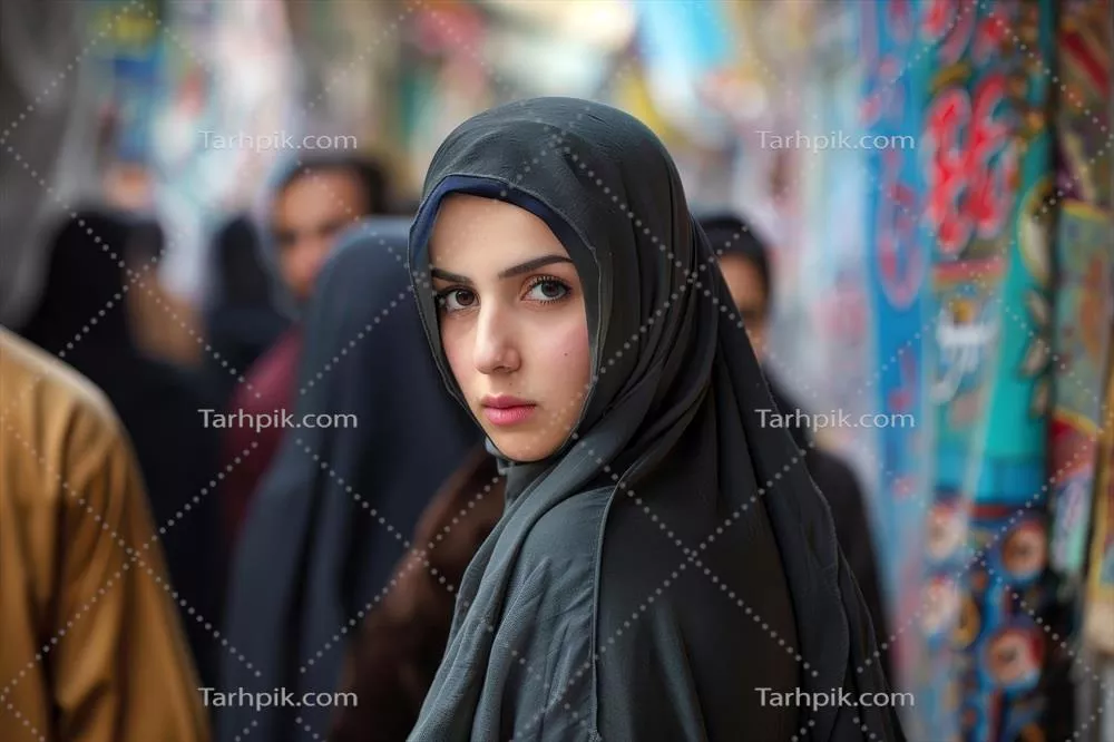 عکس زنی جوان با حجاب که در بازار شلوغ به اطراف نگاه می کند