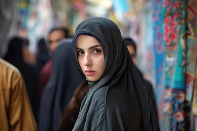 عکس زنی جوان با حجاب که در بازار شلوغ به اطراف نگاه می کند