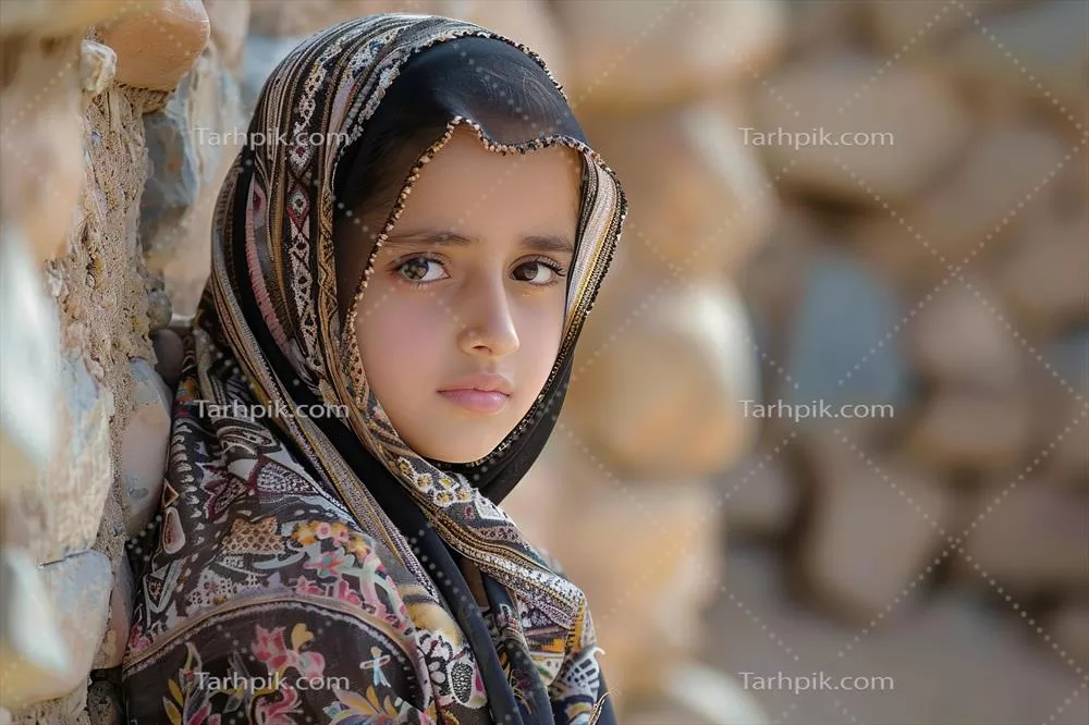 عکس دختر جوان و میانسال خاورمیانه ای با حجاب در برابر دیواری سنگی ایستاده است