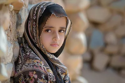 عکس دختر جوان و میانسال خاورمیانه ای با حجاب در برابر دیواری سنگی ایستاده است