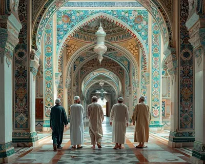 عکس گروهی از دوستان در حال بحث درباره ایمان در داخل یک مسجد
