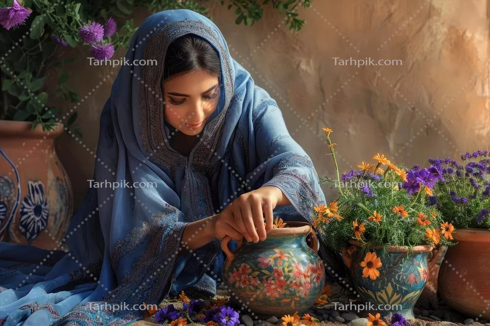 عکس زنی آرام در حال مراقبت از گل های گلدانی در فضایی روستایی و دلنشین