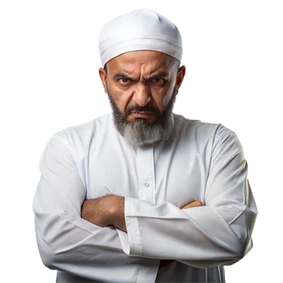 عکس دوربری مردی جدی از خاورمیانه با لباس سنتی سفید و کلاه مخصوص