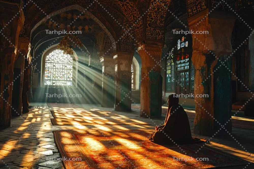 عکس مرد مسلمان در حال عبادت در مسجد با نور خورشید و فضایی معنوی