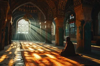 عکس مرد مسلمان در حال عبادت در مسجد با نور خورشید و فضایی معنوی