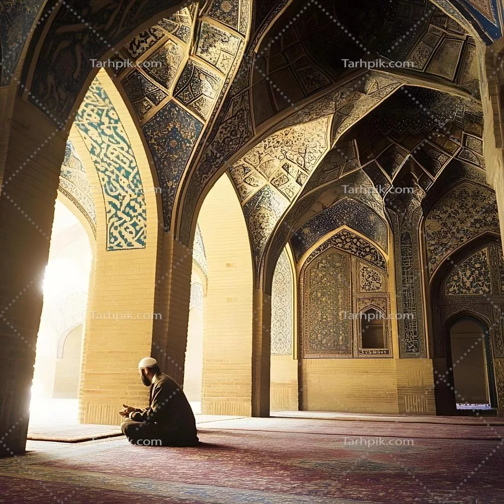 عکس مرد مسلمان در حال نماز خواندن و ابراز ایمان در مسجد