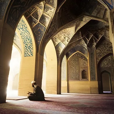 عکس مرد مسلمان در حال نماز خواندن و ابراز ایمان در مسجد