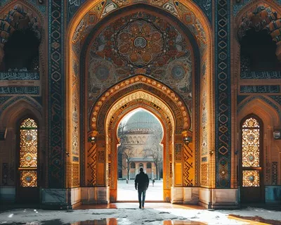 عکس ورود یک فرد به درب زیبای مسجد با طراحی منحصر به فرد