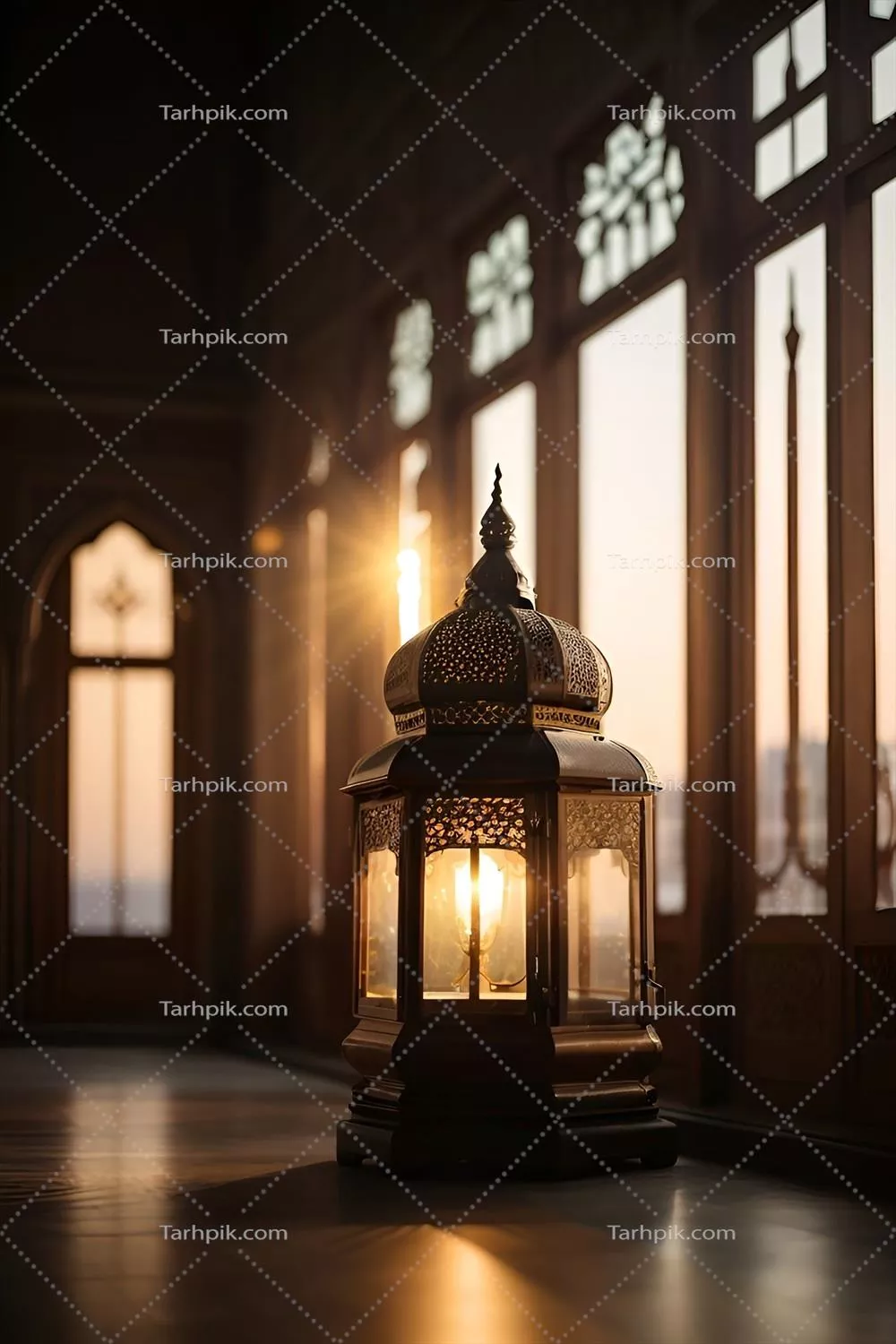 عکس چراغی که نورش از پنجره می تابد و مسجدی دوردست را روشن می کند