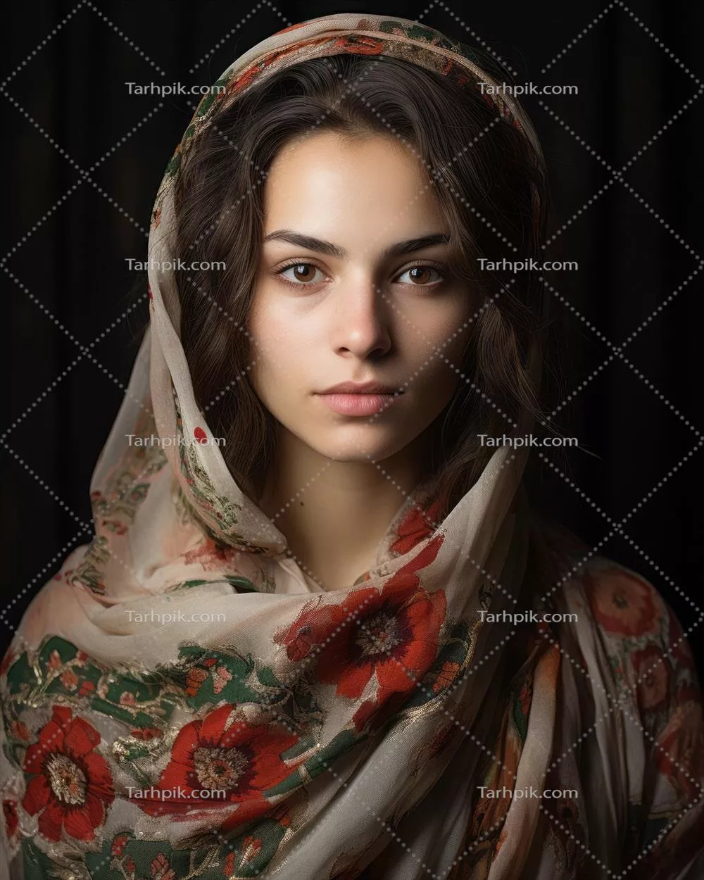 عکس پرتره ای از یک زن جوان زیبا در شال، خلق شده با هوش مصنوعی