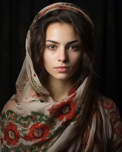 عکس پرتره ای از یک زن جوان زیبا در شال، خلق شده با هوش مصنوعی