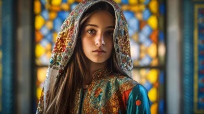 عکس زنی با لباس های سنتی رنگارنگ در حال نمایش فرهنگ و زیبایی