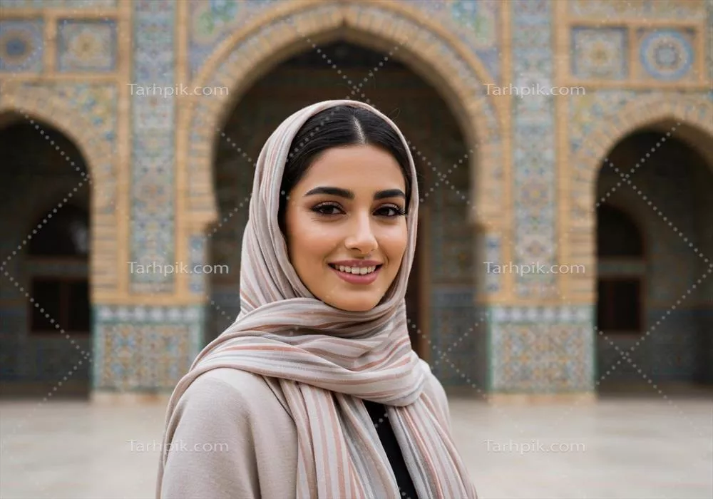 عکس زنی با حجاب در مقابل مسجد، نماد زندگی اسلامی و آرامش در دین