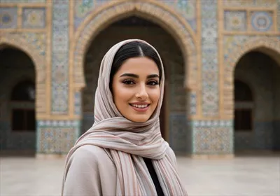 عکس زنی با حجاب در مقابل مسجد، نماد زندگی اسلامی و آرامش در دین