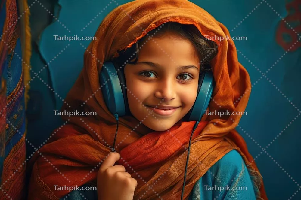 عکس دختری جوان با روسری که به موسیقی گوش می دهد و در حال لذت بردن است