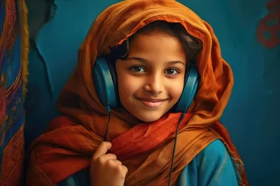 عکس دختری جوان با روسری که به موسیقی گوش می دهد و در حال لذت بردن است
