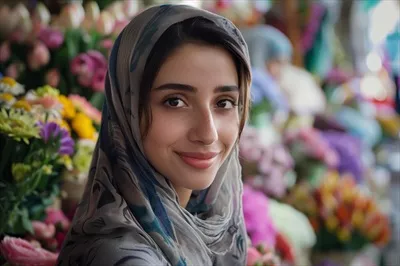 عکس زنی با روسری که با لبخند به دوربین نگاه می کند و شادی را به تصویر می کشد