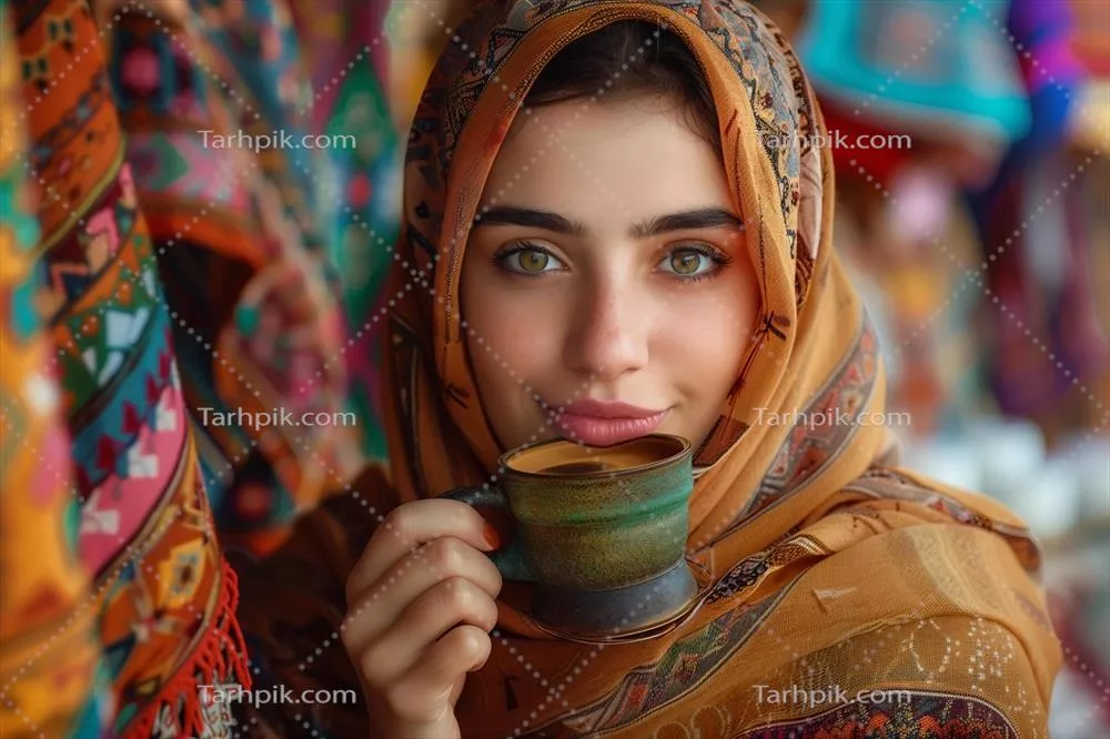 عکس زنی با روسری در حال نوشیدن قهوه و لذت بردن از لحظه ای آرامش بخش