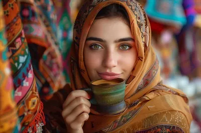 عکس زنی با روسری در حال نوشیدن قهوه و لذت بردن از لحظه ای آرامش بخش