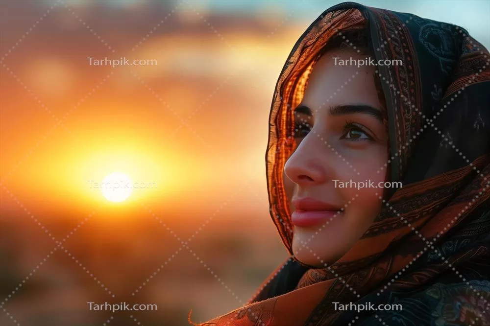 عکس زنی با حجاب که به آسمان و نور خورشید خیره شده است