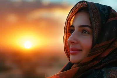عکس زنی با حجاب که به آسمان و نور خورشید خیره شده است