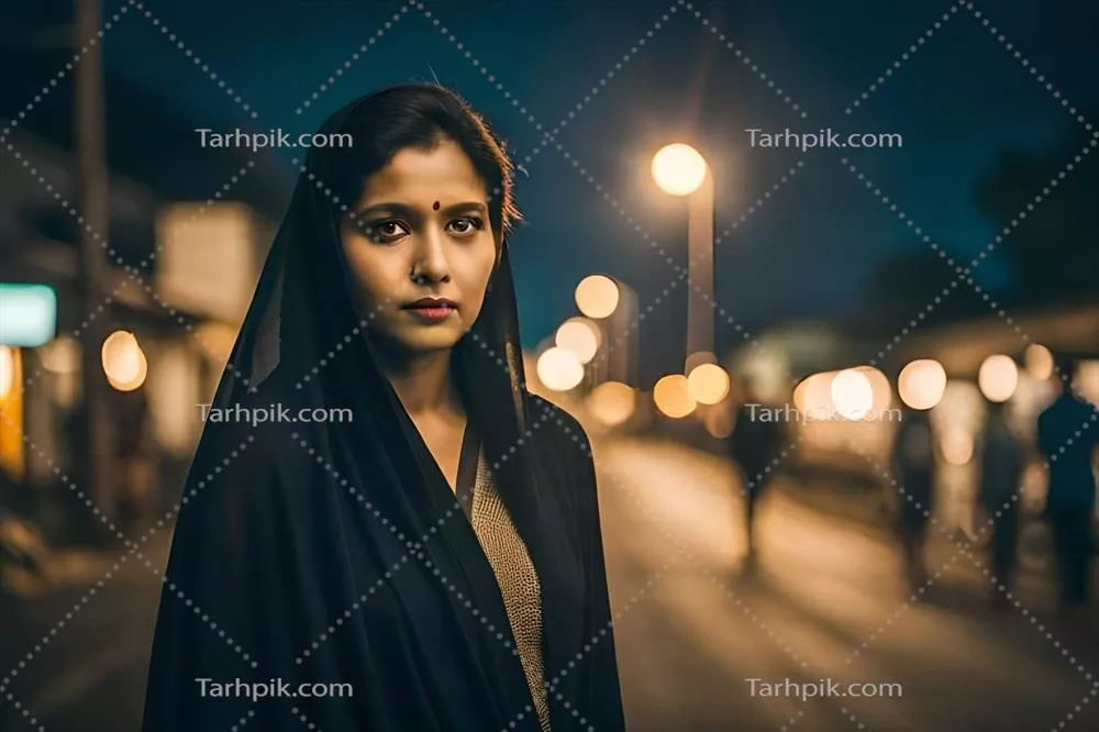 عکس زنی با شال سیاه در خیابان شبانه، تصویرسازی هنری و جذاب