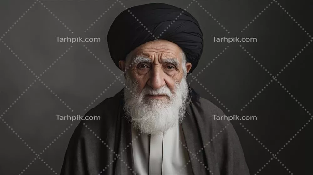 عکس روحانی شیعه مسن ایرانی در لباس سنتی با عمامه سیاه در پس زمینه تیره