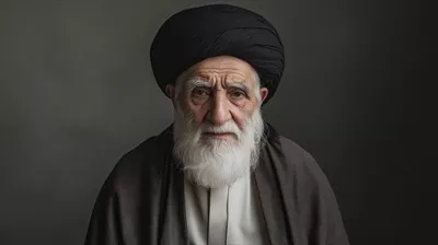 عکس روحانی شیعه مسن ایرانی در لباس سنتی با عمامه سیاه در پس زمینه تیره