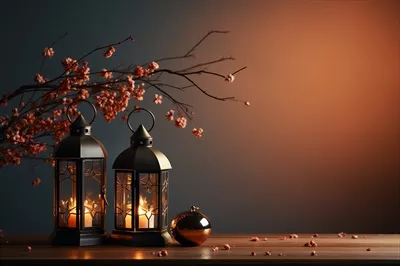عکس تبریک عید فطر و رمضان با چراغ های اسلامی و نمای مسجد