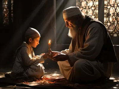 عکس معلم مسلمان در حال آموزش به کودکان در مسجد با استفاده از هوش مصنوعی