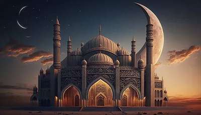 عکس تصویری زیبا از مسجد و مناظر طبیعی با هلال ماه برای پس زمینه اسلامی