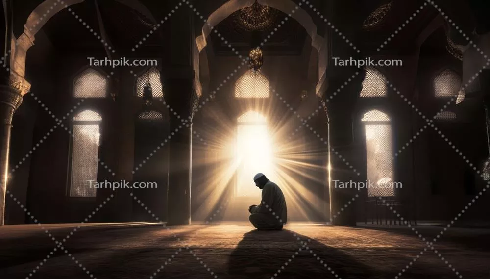 عکس تصویری زیبا از silhouettes یک مرد و زن مسلمان در حال نماز در مکان مقدس با نور طلایی صبح و غروب