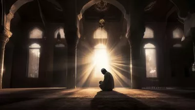 عکس تصویری زیبا از silhouettes یک مرد و زن مسلمان در حال نماز در مکان مقدس با نور طلایی صبح و غروب