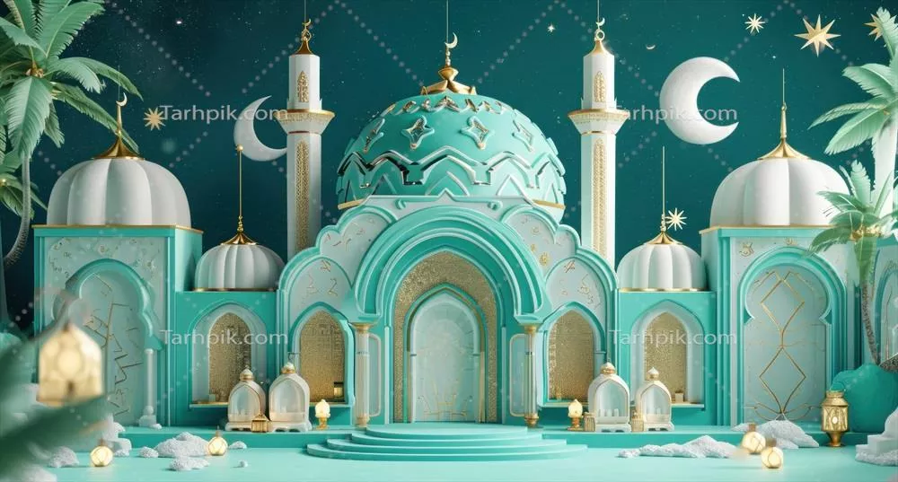 عکس تصویری زیبا از یک مسجد اسلامی در پس زمینه ای آبی رنگ