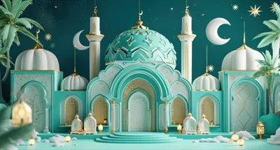 عکس تصویری زیبا از یک مسجد اسلامی در پس زمینه ای آبی رنگ