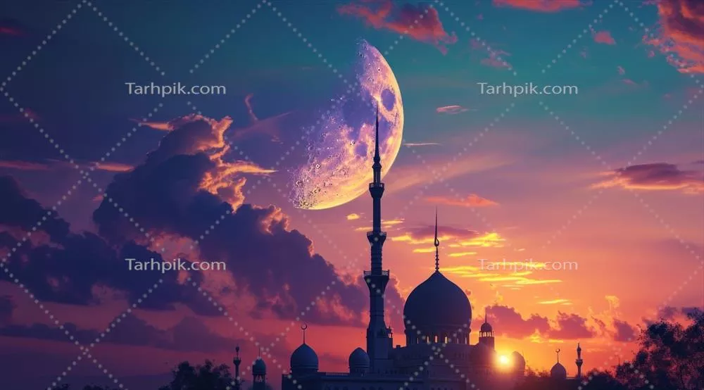 عکس تصویری زیبا از ماه اسلامی در غروب با ابرهای دلنشین و مسجدی در زیر آن
