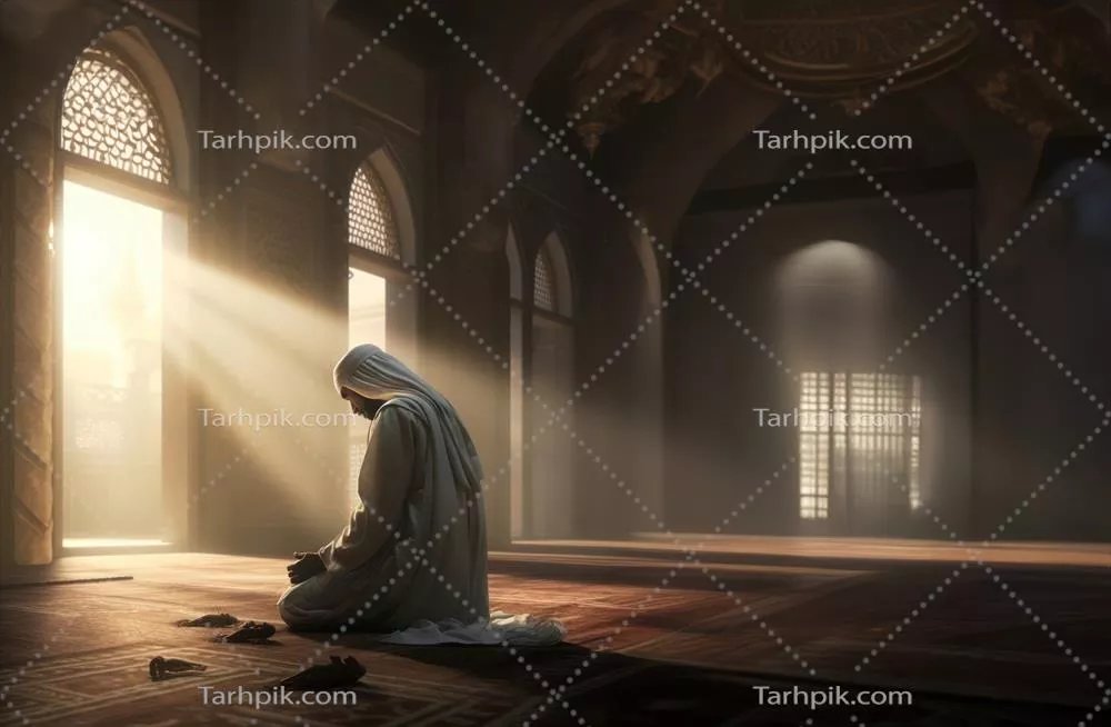 عکس زنی مسلمان در حال دعا با دستانی بلند شده به سوی آسمان