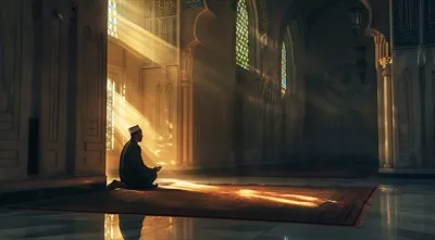 عکس مرد مسلمان در حال نماز خواندن در مسجد با فضایی معنوی و دلنشین