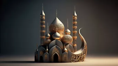 عکس تصویری زیبا از یک مسجد با طراحی سه بعدی در پس زمینه تاریک