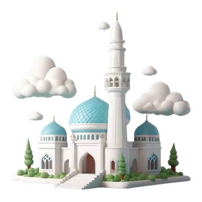 عکس دوربری مدل سه بعدی مسجد با ابر در پس زمینه شفاف و جداشده از هم