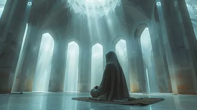 عکس مردی در حال نماز خواندن به تنهایی در یک مسجد بزرگ