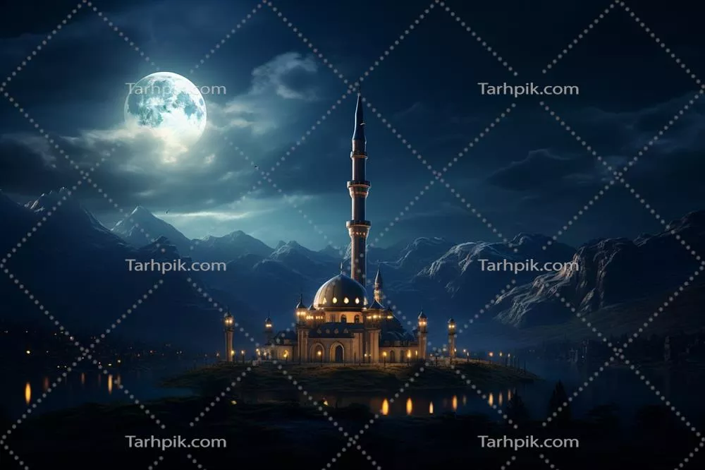 عکس مسجد زیبا در کنار دریاچه در شب ماه کامل رمضان