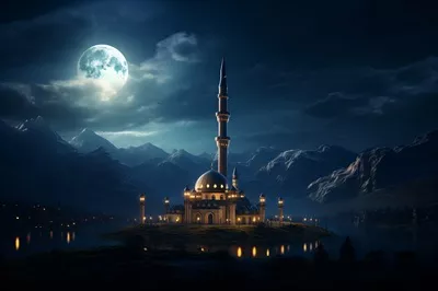 عکس مسجد زیبا در کنار دریاچه در شب ماه کامل رمضان