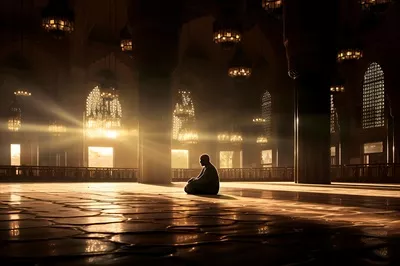 عکس تصویری از یک مرد مسلمان سالخورده در مسجد با جزئیات زیبا و دلنشین