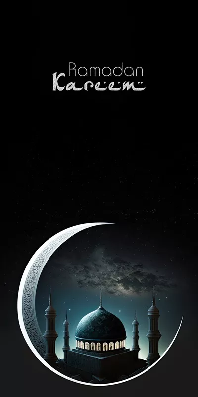 عکس طراحی بنر ماه رمضان با هلال زیبا و مسجد حکاکی شده در پس زمینه شب