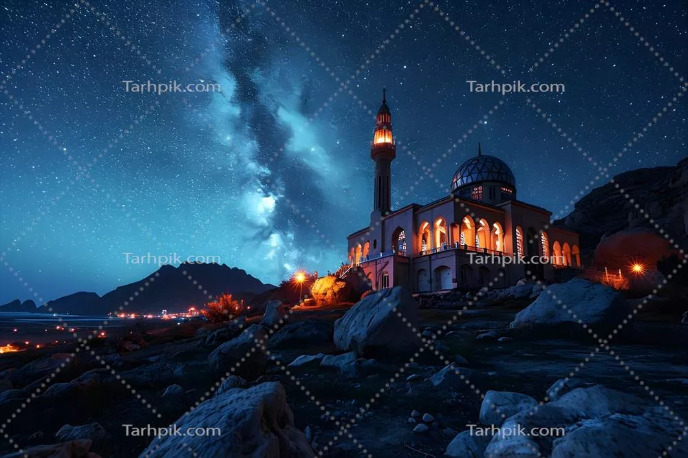 عکس تصویری زیبا از یک مسجد باشکوه در غروب آفتاب با آسمانی دل انگیز