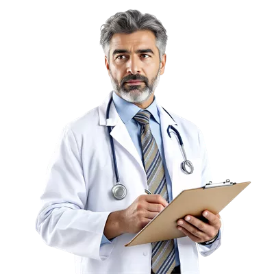 عکس دوربری پزشک مردی که با دقت در حال بررسی پرونده پزشکی بیماران است